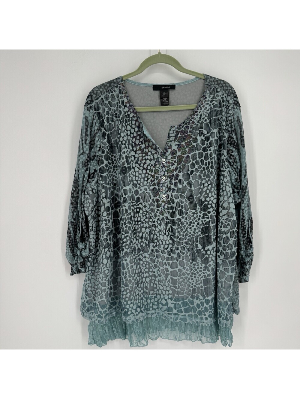 Ali Miles Top 3x sheer animal print abstract snake reptile burnout aqua flowy